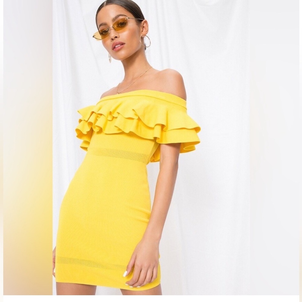 by the way. Strapless Yellow Ruffle Dress